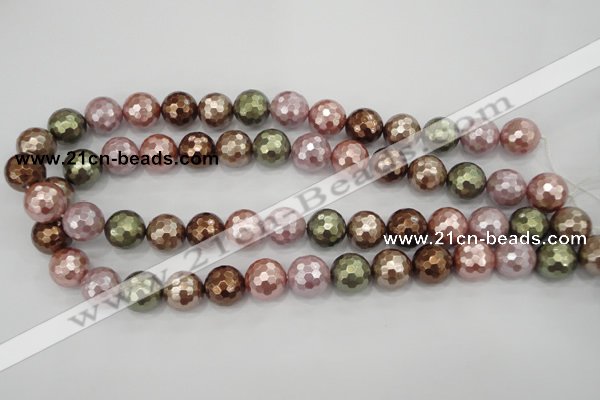 CSB503 15.5 inches 14mm faceted round mixed color shell pearl beads