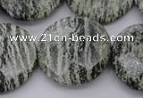 CSJ123 15.5 inches 30mm faceted coin green silver line jasper beads