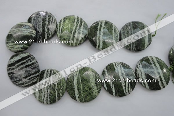 CSJ125 15.5 inches 40mm faceted coin green silver line jasper beads