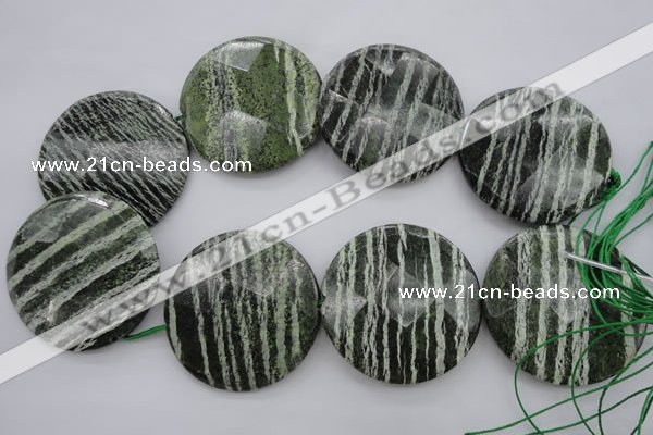 CSJ126 15.5 inches 50mm faceted coin green silver line jasper beads