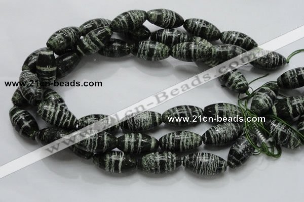 CSJ20 15.5 inches 15*30mm rice green silver line jasper beads