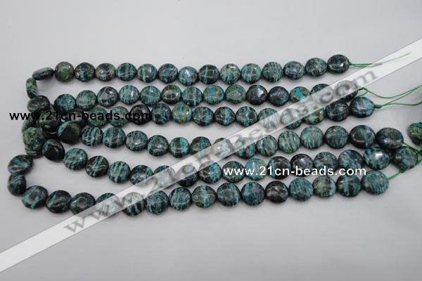 CSJ215 15.5 inches 12mm flat round dyed green silver line jasper beads