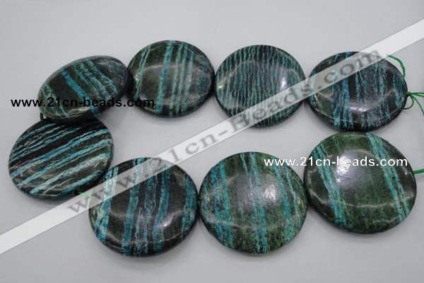 CSJ221 15.5 inches 50mm flat round dyed green silver line jasper beads