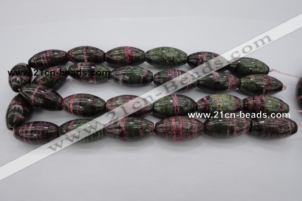 CSJ274 15.5 inches 15*30mm rice dyed green silver line jasper beads