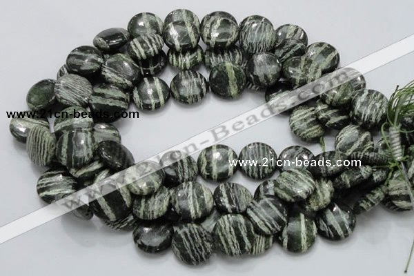 CSJ44 15.5 inches 20mm flat round green silver line jasper beads