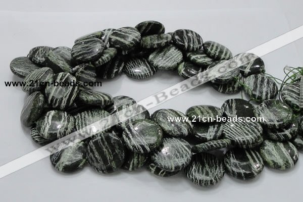 CSJ45 15.5 inches 25mm flat round green silver line jasper beads