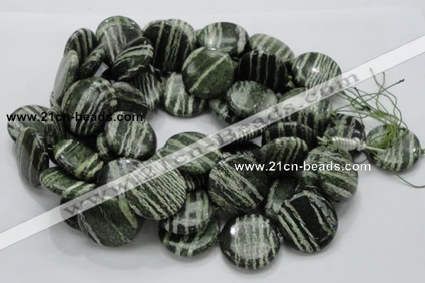 CSJ46 15.5 inches 30mm flat round green silver line jasper beads