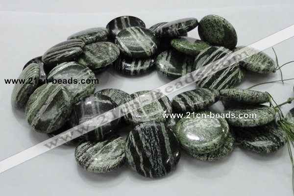 CSJ47 15.5 inches 35mm flat round green silver line jasper beads