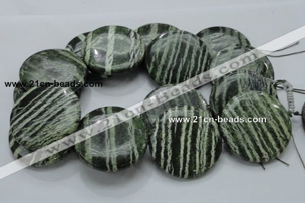 CSJ49 15.5 inches 50mm flat round green silver line jasper beads