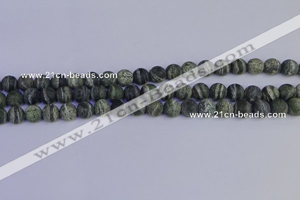 CSJ502 15.5 inches 8mm round matte green silver line jasper beads