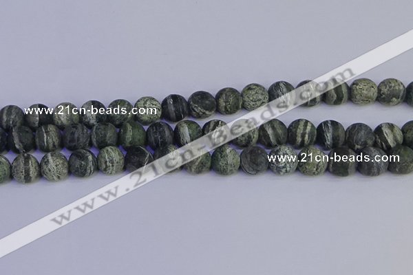 CSJ504 15.5 inches 12mm round matte green silver line jasper beads