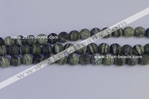 CSJ505 15.5 inches 14mm round matte green silver line jasper beads