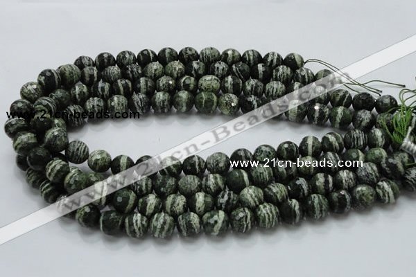 CSJ66 15.5 inches 12mm faceted round green silver line jasper beads