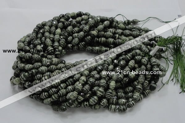 CSJ70 15.5 inches 7*11mm faceted rice green silver line jasper beads