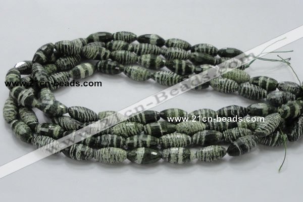 CSJ72 15.5 inches 10*20mm faceted rice green silver line jasper beads