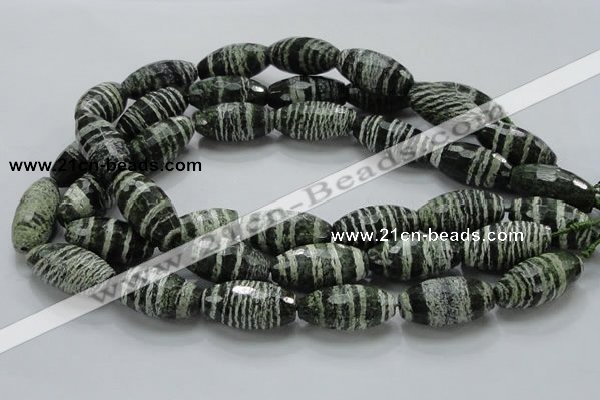 CSJ75 15.5 inches 15*30mm faceted rice green silver line jasper beads