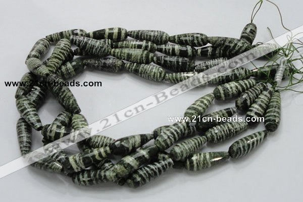 CSJ76 15.5 inches 10*30mm faceted teardrop green silver line jasper beads