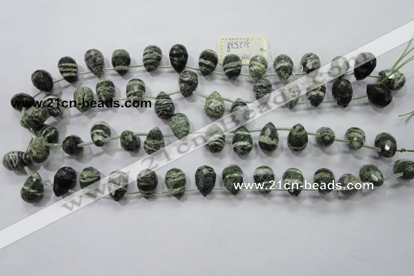 CSJ86 Top-drilled 10*14mm faceted teardrop green silver line jasper beads