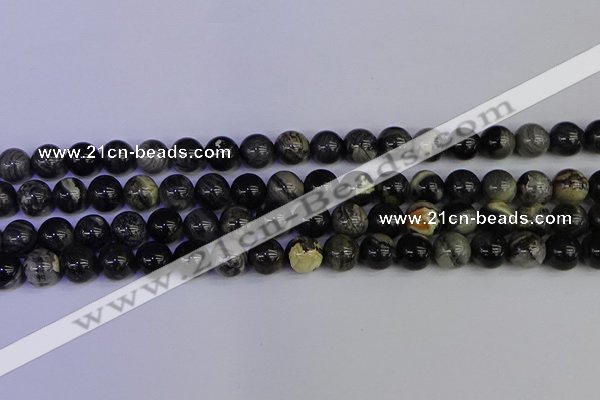 CSL213 15.5 inches 10mm round black silver leaf jasper beads