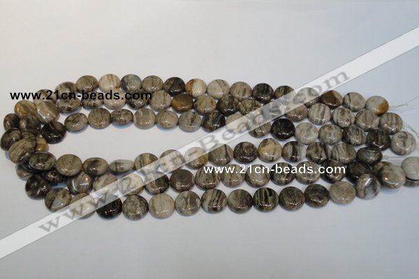 CSL28 15.5 inches 12mm flat round silver leaf jasper beads wholesale