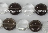 CSQ151 15.5 inches 15mm flat round white crystal & smoky quartz beads