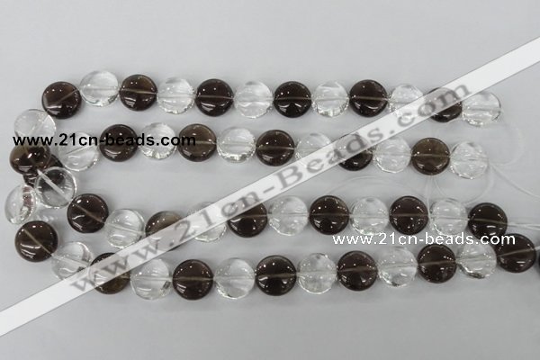 CSQ151 15.5 inches 15mm flat round white crystal & smoky quartz beads