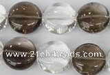 CSQ152 15.5 inches 18mm flat round white crystal & smoky quartz beads