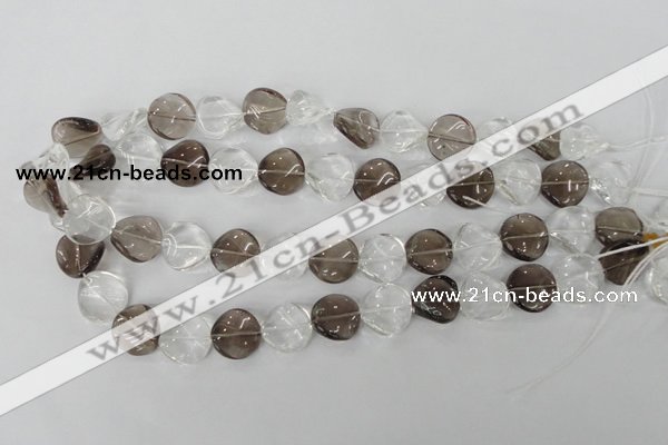CSQ153 15.5 inches 16mm twisted coin white crystal & smoky quartz beads