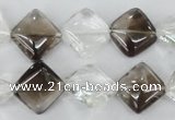 CSQ154 15.5 inches 14*14mm diamond white crystal & smoky quartz beads