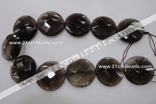 CSQ222 15.5 inches 35mm faceted coin grade AA natural smoky quartz beads