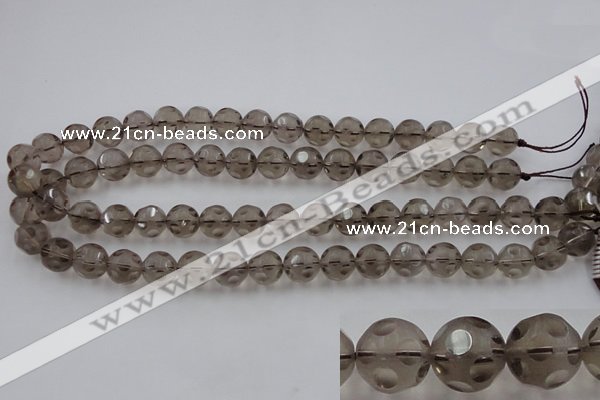 CSQ253 15.5 inches 12mm carved round matte smoky quartz beads