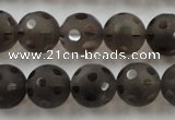 CSQ254 15.5 inches 14mm carved round matte smoky quartz beads