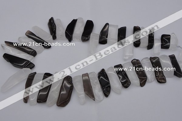 CTD356 10*25mm - 10*50mm wand white crystal & smoky quartz beads