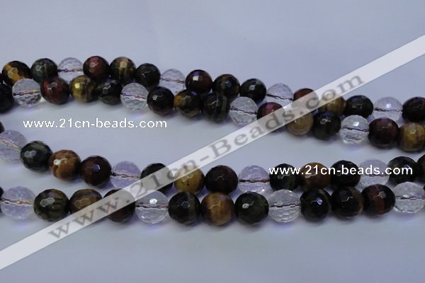 CTE1133 15 inches 10mm faceted round mixed tiger eye & white crystal beads