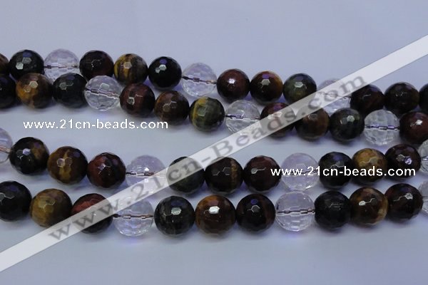 CTE1134 15 inches 12mm faceted round mixed tiger eye & white crystal beads