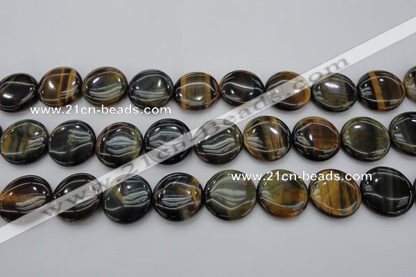 CTE1351 15.5 inches 25mm flat round yellow & blue tiger eye beads