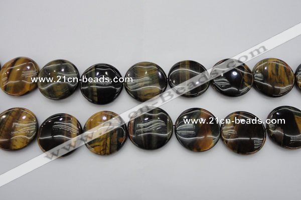 CTE1352 15.5 inches 30mm flat round yellow & blue tiger eye beads