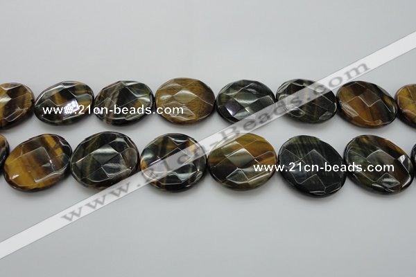 CTE1358 15.5 inches 30mm faceted coin yellow & blue tiger eye beads