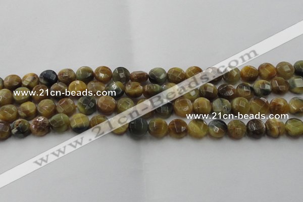 CTE1573 15.5 inches 10mm faceted coin golden & blue tiger eye beads