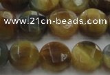 CTE1574 15.5 inches 12mm faceted coin golden & blue tiger eye beads