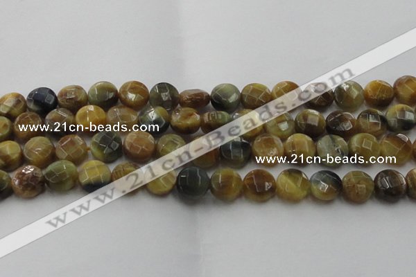 CTE1575 15.5 inches 14mm faceted coin golden & blue tiger eye beads