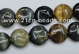 CTE561 15.5 inches 12mm flat round golden & blue tiger eye beads