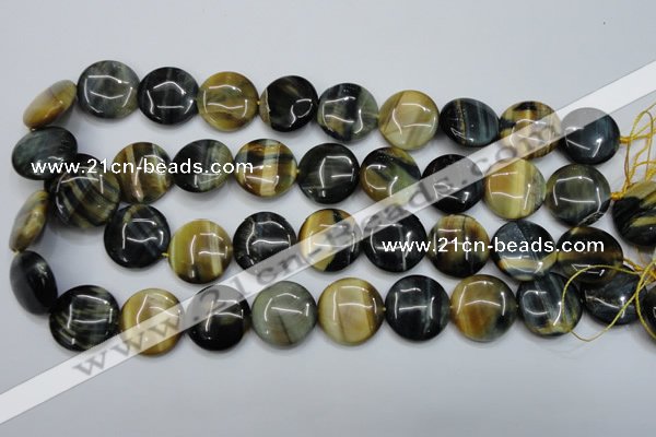 CTE565 15.5 inches 20mm flat round golden & blue tiger eye beads