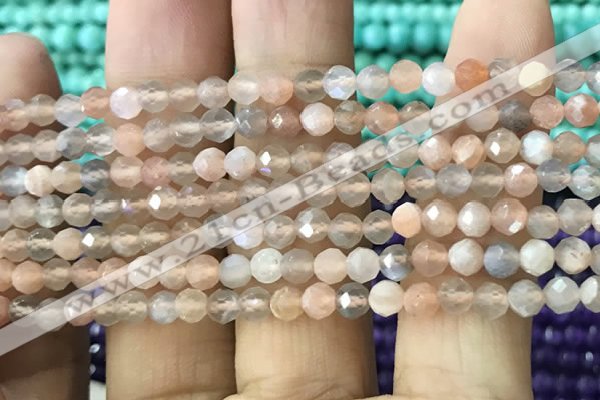 CTG1207 15.5 inches 4mm faceted round tiny rainbow moonstone beads