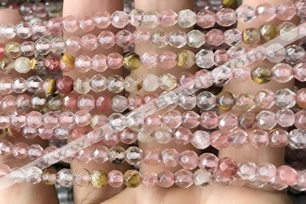 CTG2502 15.5 inches 4mm faceted round volcano cherry quartz beads