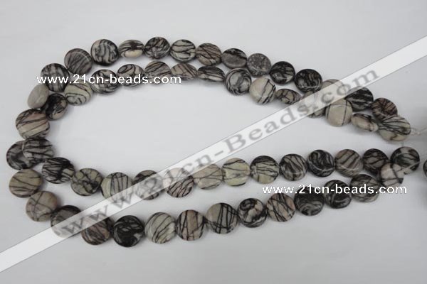 CTJ205 15.5 inches 13mm flat round black water jasper beads wholesale