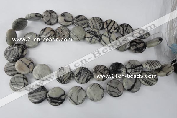 CTJ208 15.5 inches 20mm flat round black water jasper beads wholesale