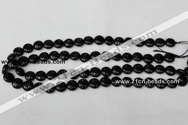 CTO128 15.5 inches 12mm flat round black tourmaline beads