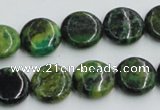 CTP08 15.5 inches 14mm flat round yellow green pine gemstone beads