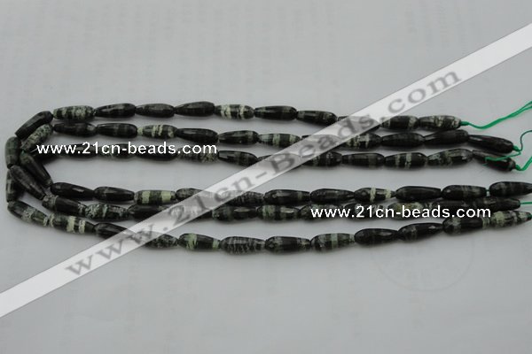 CTR10 15.5 inches 6*16mm faceted teardrop green silver line jasper beads